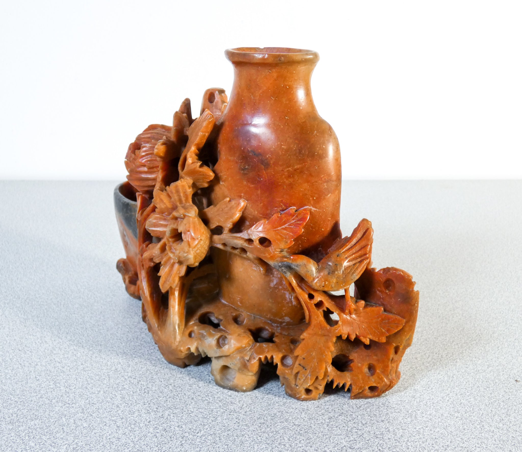 vaso cinese pietra scolpita intagliato steatite 1900 cina scultura floreale