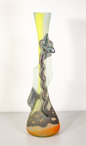vaso firmato vetro soffiato policromo rame scultura design vintage francia