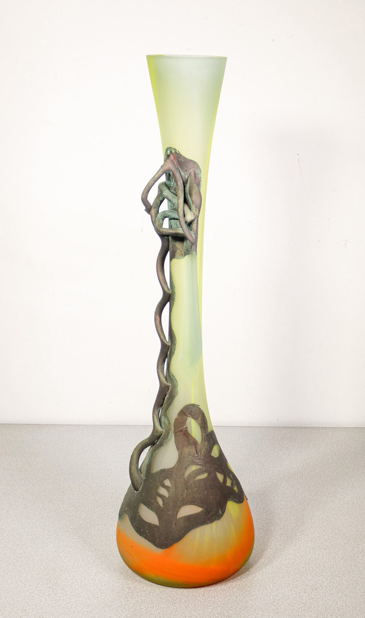vaso firmato vetro soffiato policromo rame scultura design vintage francia