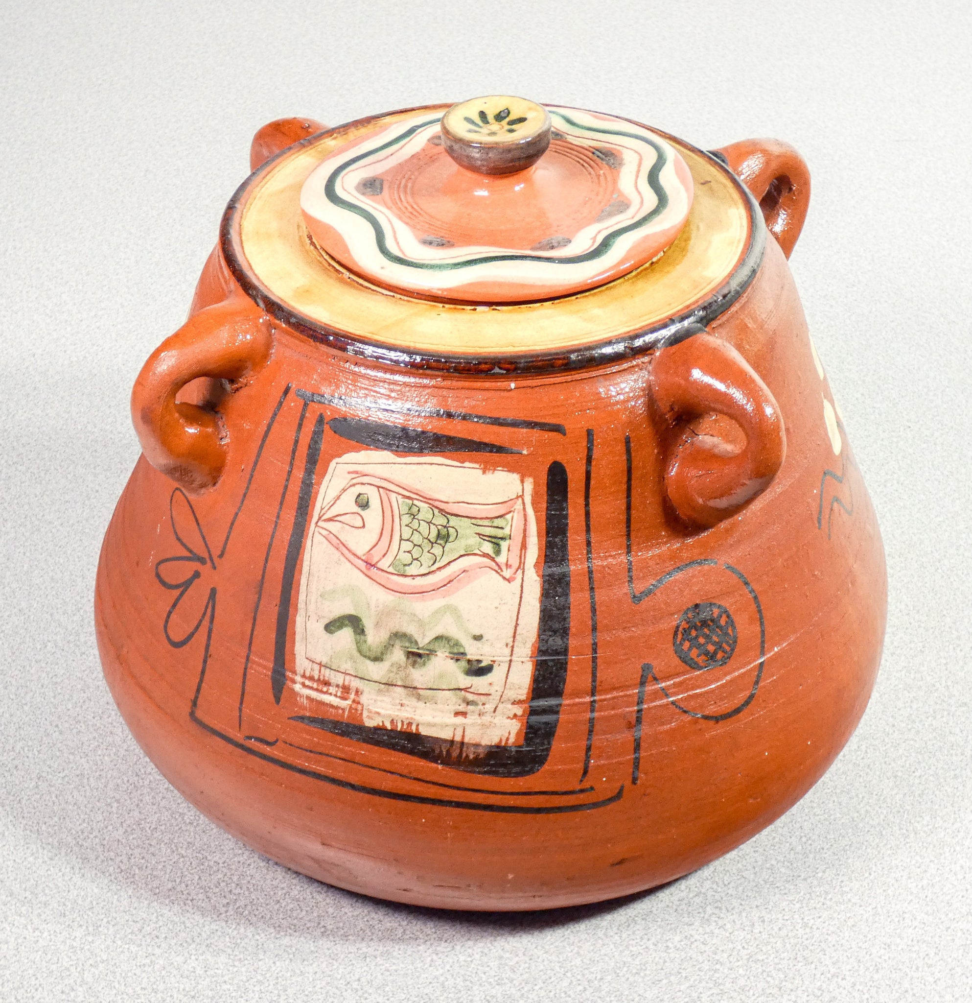 vaso terracotta dipinto firmato renzo igne muffola torino con coperchio 