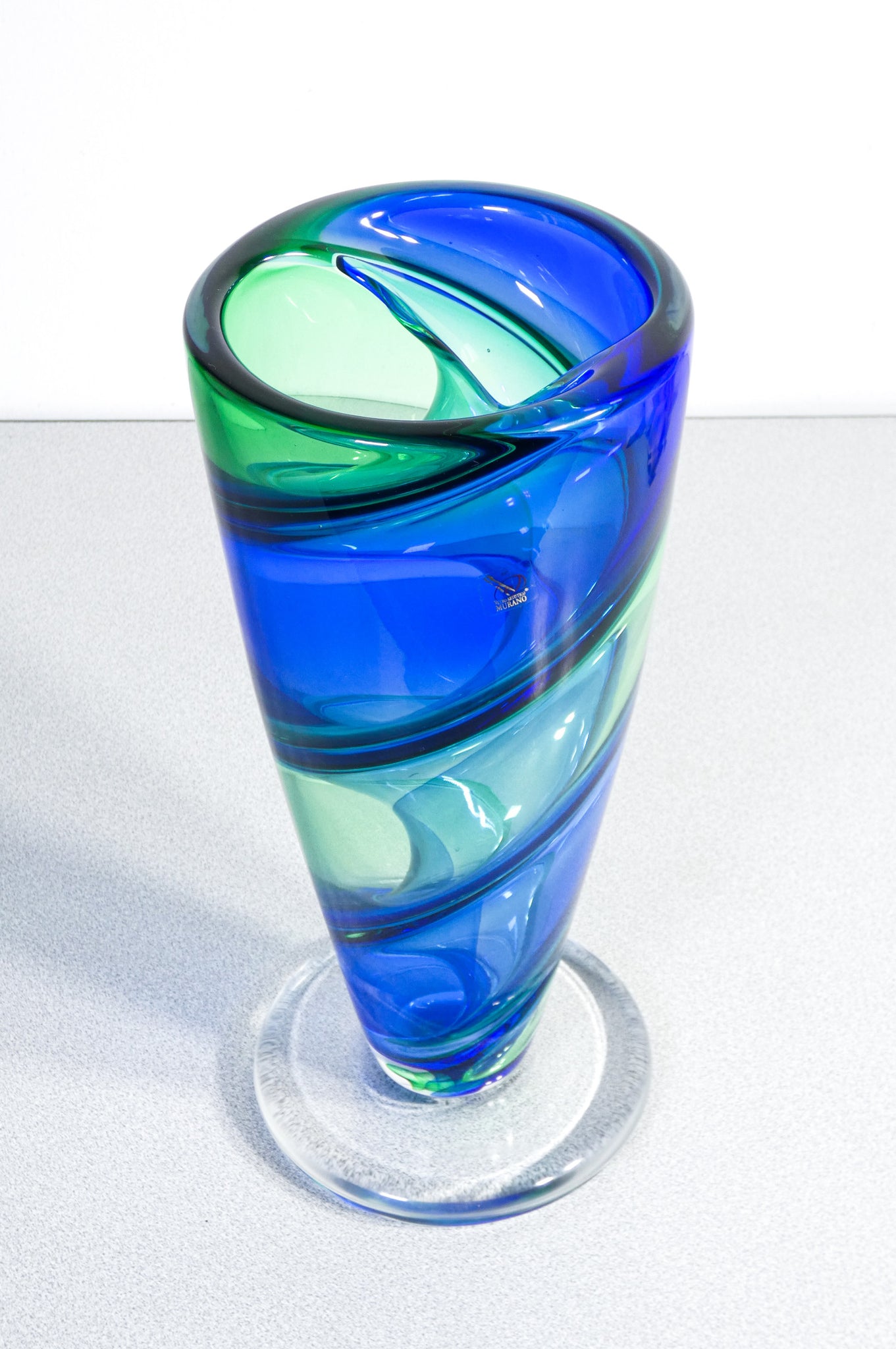 vaso vetro fornace mian murano twister blu verde firmato italia glass art